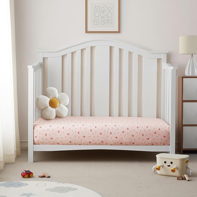SiinvdaBZX 2 Pack Muslin Crib Sheets for Girls, Ultra Soft Cotton Breathable Fitted Baby Crib Mattress Sheets for 52"x28" Standard Toddler Mattress (Little Fairy + Flower)