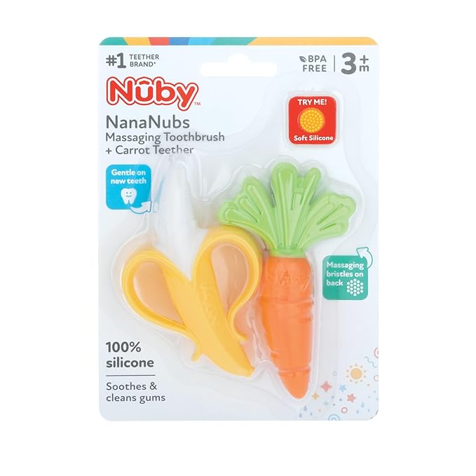 Nuby NanaNubs Banana Massaging Toothbrush and Carrot Teether - (2 Pack) Baby Teething Toys for 3+ Months