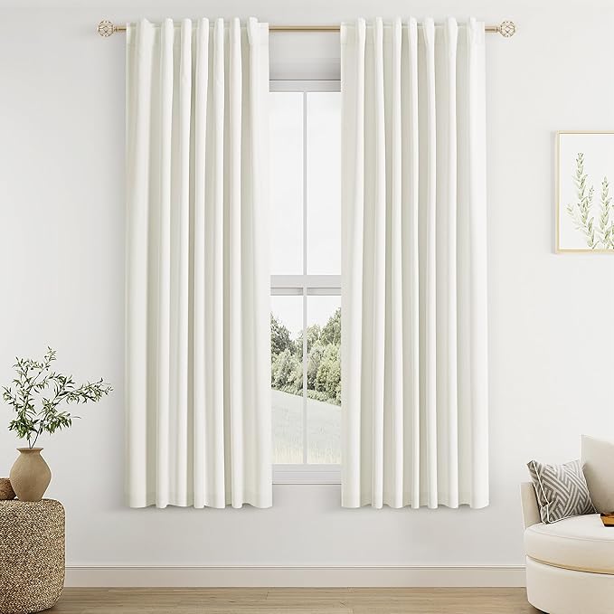 Guken Ivory 100% Blackout Curtains 63 Inch Length 2 Panels Set for Living Room Bedroom Back Tab Thermal Insulated Black Out Linen Drapes Room Darkening Window Curtains 63 Inches Long