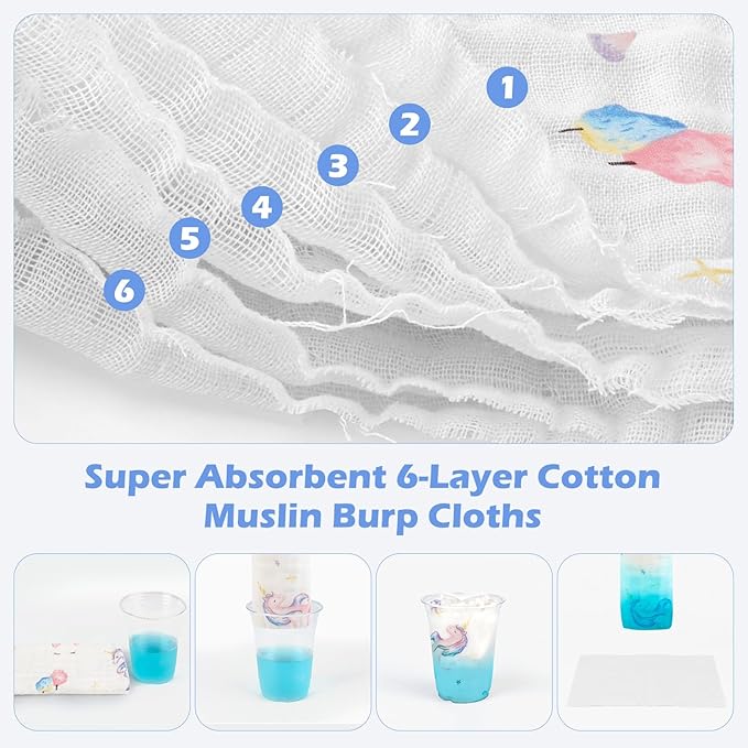 Maliton Muslin Burp Cloths for Baby Girl 6 Pack Large 20''x10'' 100% Cotton Burp Rags Absorbent and Soft 6 Layers Muslin Cloth Baby Boy Newborn Essentials Must Haves(Fairy Tale, Pack of 6)