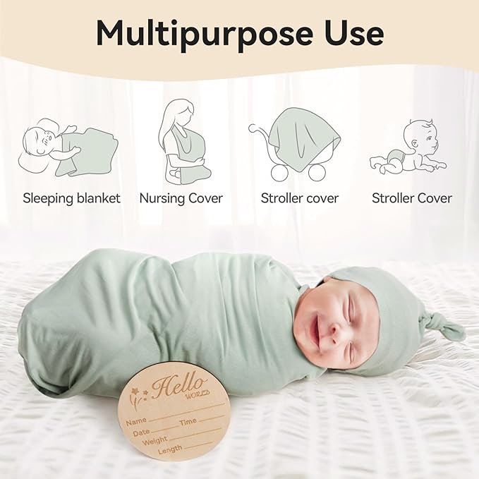 Rayon Made from Bamboo Newborn Swaddle Blanket Set with Matching Beanie, Super Soft Stretchy Baby Clothes Outfit for Girl Boy, Receiving Blankets Newborn Essentials, 47 x 47 Inch