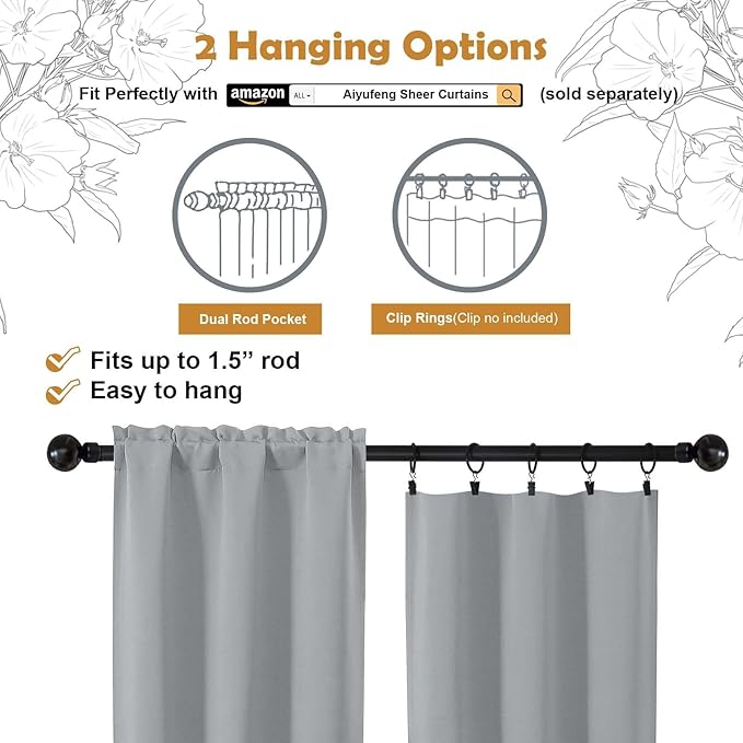 Aiyufeng Silver Grey Blackout Curtains for Bedroom 96 Inches Long 2 Panels, Solid Thermal Insulated, Energy Saving Living Room Window Treatment Curtains Blackout Drapes, W40 x L96 Inch, Silver