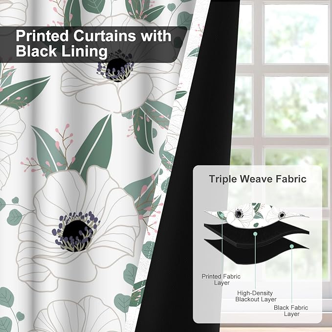 Blackout Curtains for Bedroom and Living Room, White Floral Black Out Curtains 84 Inch Length 2 Panels Set, Room Darkening Thermal Insulated Privacy Soundproof Farmhouse Patterned Grommet Drapes