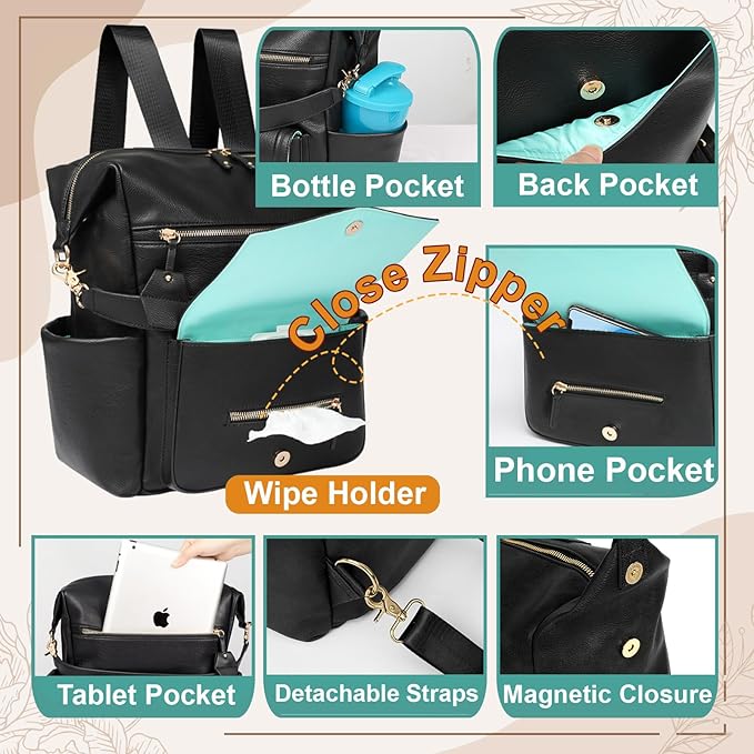 MOMINSIDE Diaper Bag Backpack, Convertible Hobo, Large Baby Bag with 14 Pockets, 6 Bottle Pouches, Wipes Pouch, Insulated Pockets (Black)