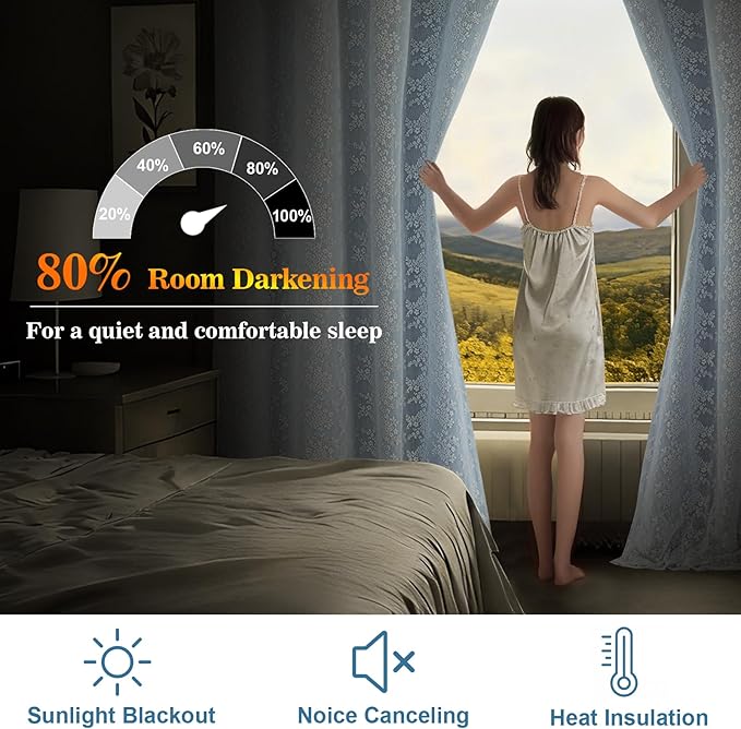 Yinhua Double Layer Blackout Curtains for Bedroom Blue Curtains for Living Room 84 Inch Length 2 Panels Set Kid Curtain with Tiebacks, Grommet Drapes with Floral Sheer Overlay, 52" W x 63" L