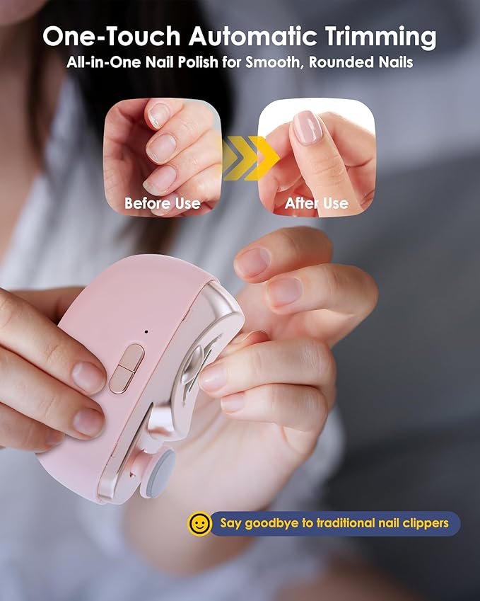 Electric Nail Clipper Upgraded 3 in 1 Automatic - with Polishing, Dust Storage & LED Light, Nail File Toenail Trimmer, Gifts for Women Men Mom Her Him Kids Adults Senior Baby Teacher Students (Pink)