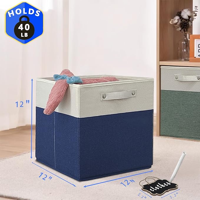 12x12 Collapsible Fabric Storage Cubes, Set of 4, White Blue, Linen Cardboard, 40 lbs Capacity, Kallax Compatible