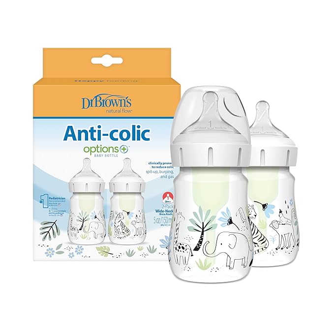 Dr. Brown’s Natural Flow Anti-Colic Options+ Wide-Neck Baby Bottle Designer Edition Bottles, Jungle Decos, 5 oz/150 mL, Level 1 Nipple, 2 Count, 0m+ (Pack of 6)