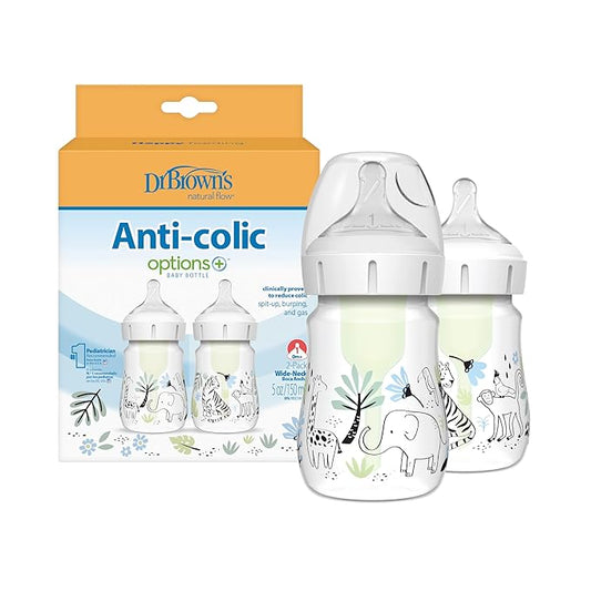 Dr. Brown’s Natural Flow Anti-Colic Options+ Wide-Neck Baby Bottle Designer Edition Bottles, Jungle Decos, 5 oz/150 mL, Level 1 Nipple, 2 Count, 0m+ (Pack of 6)