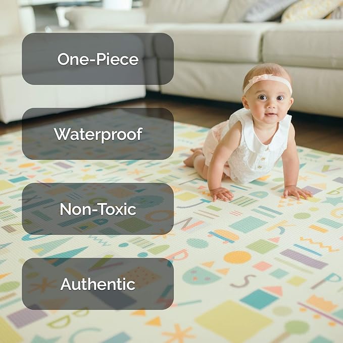 Baby Care Play Mat (Medium, Sea Petals - Grey) 73’’ x 49’’ Original One-Piece Reversible Rollable Waterproof Play Mat for Infants, Babies, Toddler, and Kids