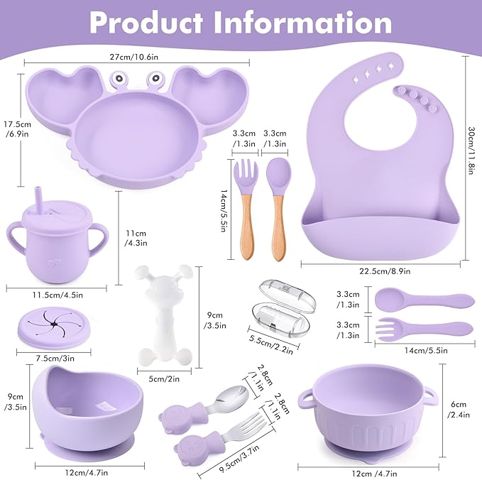 Silicone Baby Feeding Set 15 Pcs，Baby Spoons Suction Bowl Divided Plate Bib Cup Finger Brush Training cups,Baby Led Weaning Supplies,Baby Plates，Toddler Feeding Plates and Bowls Set（purple）
