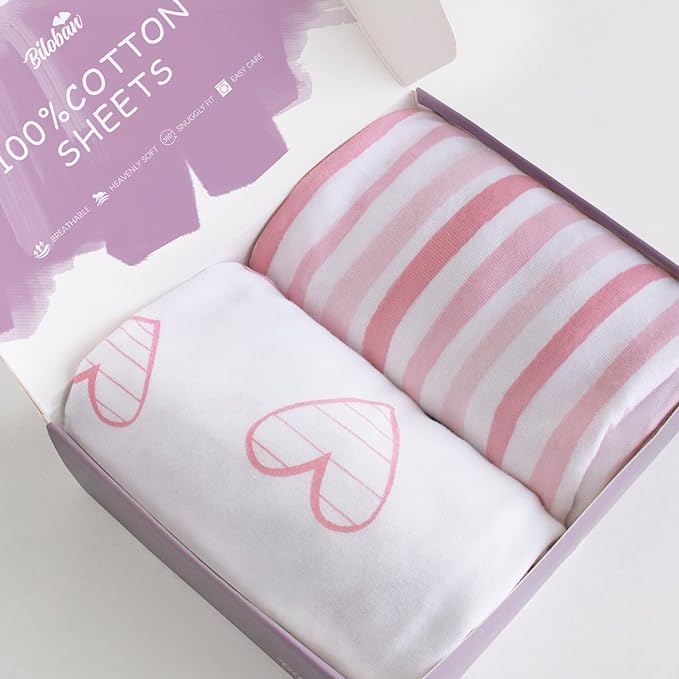 Bassinet Sheets Compatible with Baby Delight Snuggle Nest Bassinet, 2 Pack, 100% Jersey Knit Cotton Bassinet & Bedside Sleeper Sheets, Pink Stripes and Hearts Print for Baby