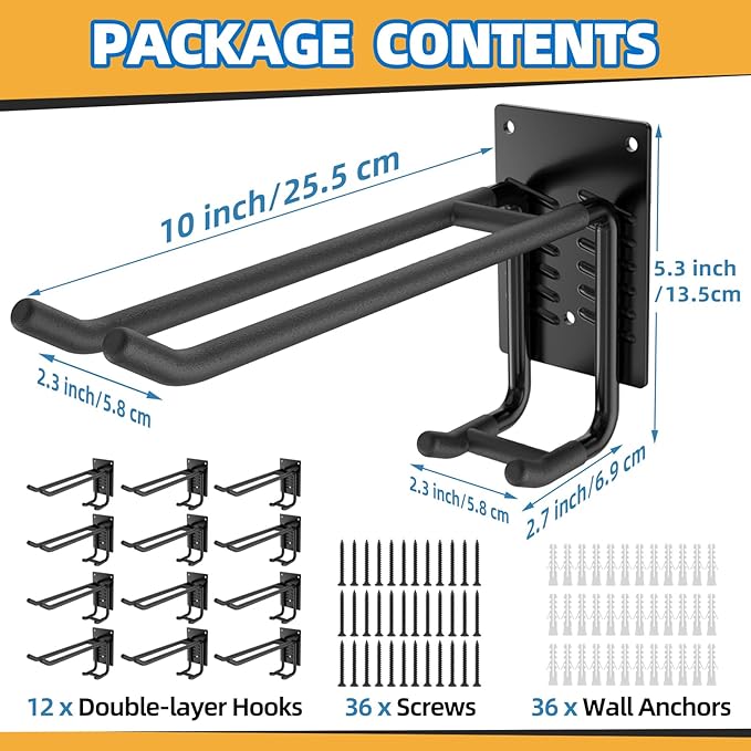 12 Pack Garage Hooks Heavy Duty 10 INCH Two-Tier Steel Shed Wall Mount Workshop Garage Storage Organizer Hooks for Hanging Garden Tool, Hose, Ladder, Chairs, Bikes with Anti-Slip Coating