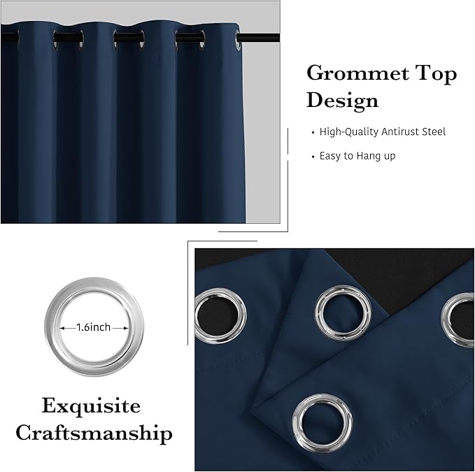 RYB HOME 100% Blackout Navy Blue Curtains for Living Room, Grommet Heat & UV Blocking Total Room Darkening Noise Reducing Curtains for Sunroom Nursery, 52 inches Wide by 84 inches Long