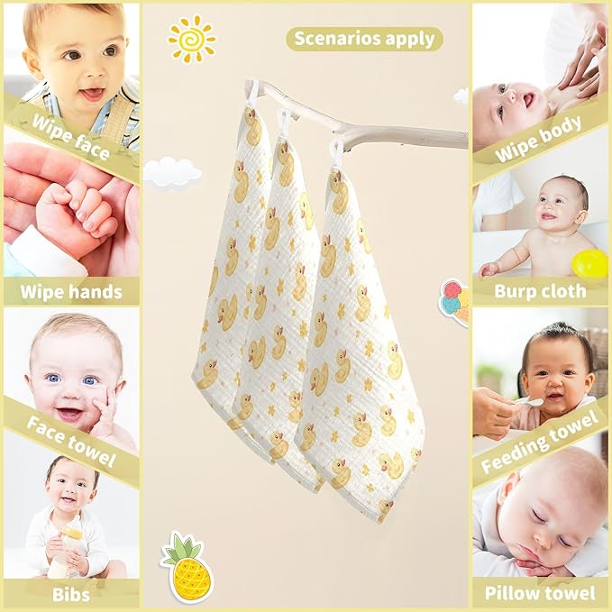 vvfelixl Baby Muslin Washcloths Cute Yellow Rubber Ducks Baby Burp Cloths Cotton Babys Face Towel for Newborn Infants Boys Girls Soft and Absorbent 11.8 X 11.8 in, 3 Pack