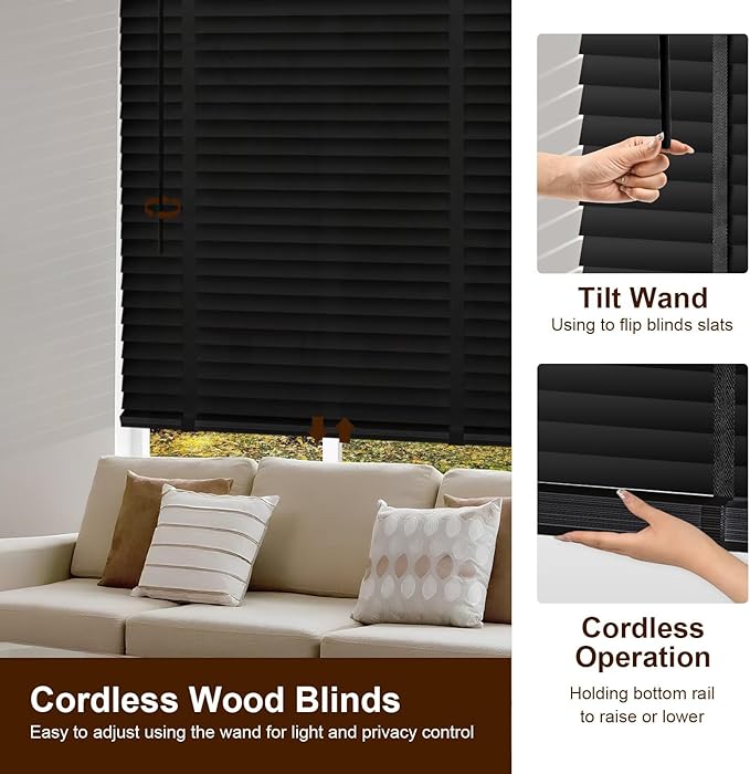 2" Cordless Wood Blinds for Indoor Windows Custom Blackout Blinds Room with Privacy Protection, Cordless Wooden Horizontal Window Shades for Bedroom, Living Room, Office, Kitchen, 23" W x 72" H