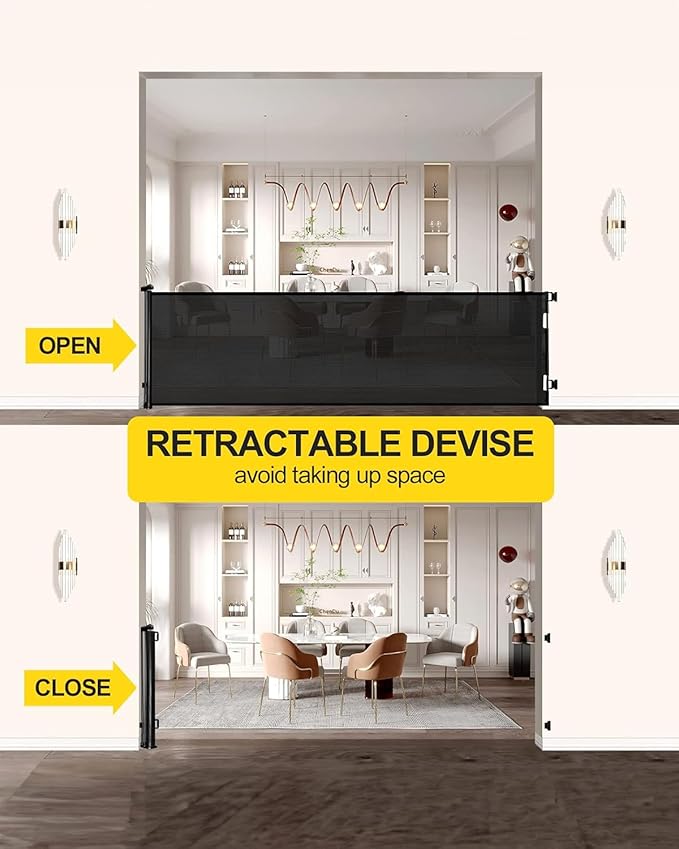 118 Inch Extra Wide Retractable Baby Gate,Mesh Large Gate or Mesh Pet Dog Gate, Opening Wide Extra Long Child Safety Gate for Indoor Baby Fence, Outdoor, Stairs, Deck (Black)