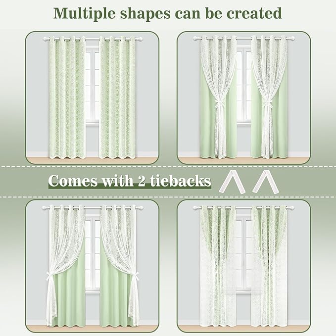 Yinhua Green Curtains for Living Room Blackout Curtains for Bedroom 84 Inches Long Double Layer Curtain with Tiebacks, Thermal Insulation Grommet Drapes for Nursery Dining Room, 52" W x 84" L