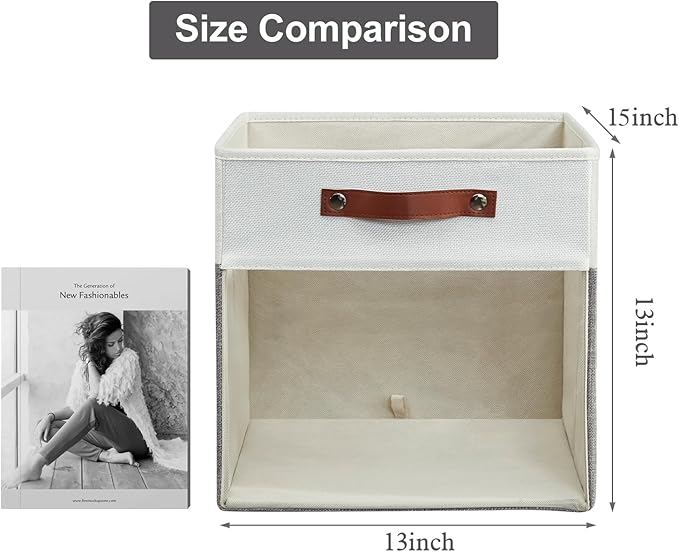 Storage Cubes, 4 Pack Linen Foldable Storage Bins with Clear Window and 2 Handles, 13x15x13 Storage Cube Bins for Shelf Closet, Kallax, Clothes, Books - (Gray and White)