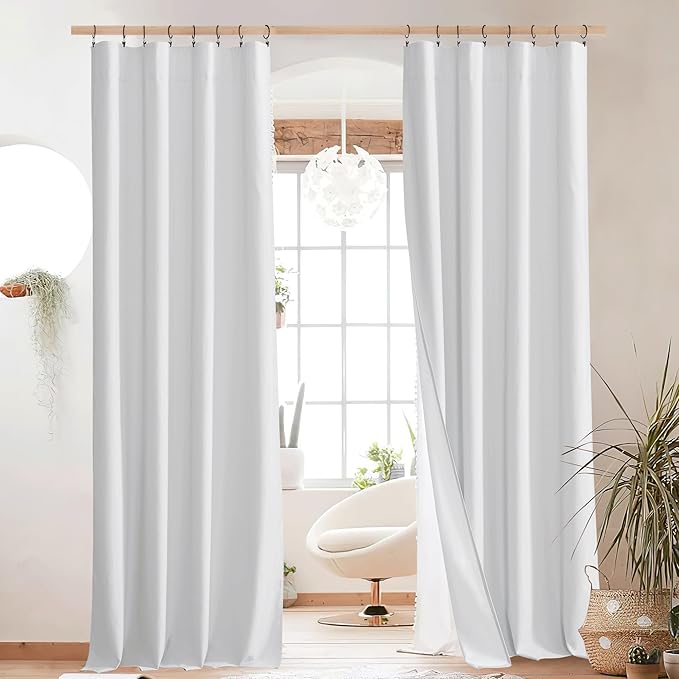 NICETOWN Rod Pocket 100% Blackout Linen Curtains for Living Room with Thermal Insulated Liner, White, 52" Wide, Long Curtains 95" Long 2 Panels Set, Thermal Insulated Privacy Drapes for Bedroom
