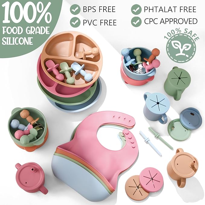 Yinder 32 Pack Silicone Baby Feeding Set Baby LED Weaning Supplies Includes Suction Divided Plates Soft Bowl Spoons Forks Adjustable Bib Snack Cup with Lid and Straws(Bright Color)