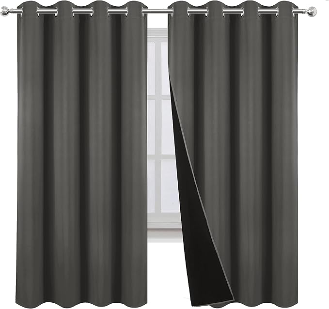 LEMOMO 100% Blackout Curtains 52 x 72 Inch Grey Curtains 2 Panels Darkening Thermal Insulated Bedroom Curtains