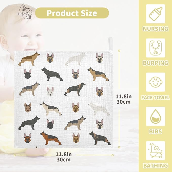 vvfelixl Baby Muslin Washcloths Cute German Shepherd Dog Baby Burp Cloths Cotton Baby Face Towel for Newborn Infants Boys Girls Soft and Absorbent 11.8 X 11.8 in, 3 Pack