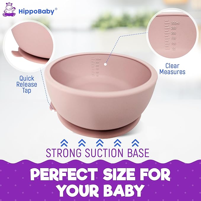 HippoBaby 6 Piece Baby Bowls With Suction and Lids | Toddler Bowl Set with 1 Bowl, 1 Bib, 2 Baby Spoons, 1 Large Spoon, 1 Large Fork, Baby Feeding Essentials (1, Rose Quartz)