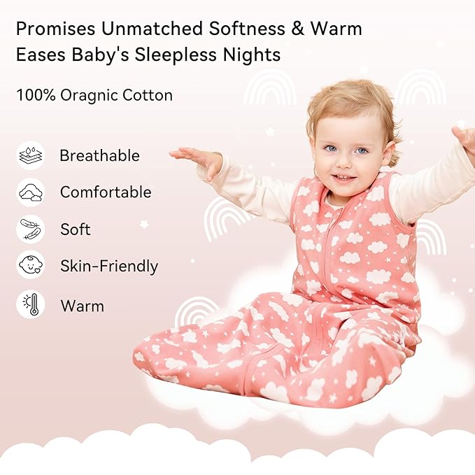 Unnivoll Baby Sleep Sack 6-12 Months 3 Pack 100% Cotton Lightweight 0.5 TOG Wearable Blanket Baby Sleep Bag with 2-Way Zipper for Newborn Infant Toddler Pink