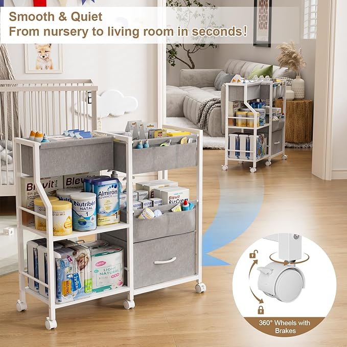Baby Diaper Caddy Organizer and Storage, 3 Tier Rolling Cart with Dividers and Drawers, Mobile Utility Cart with Wheels for Nursery, Bedroom, Baby Newborn Essentials Storage Cart, White