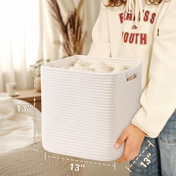 13 Inch Storage Cubes, 3 Pack Cube Storage Bins for Organizing, Cotton Rope Woven Baskets for Shelves, Bathroom, Kids Room, Closets, Baby Nursery