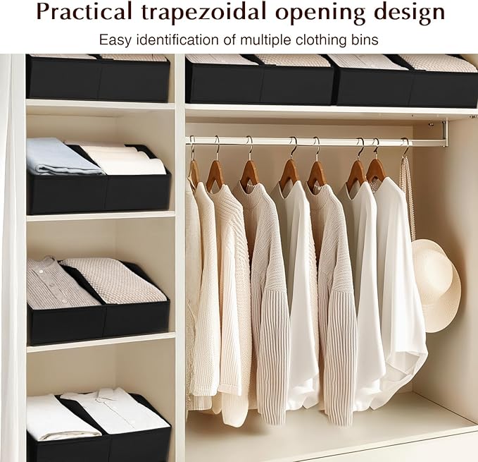 Closet Organizers and Storage Bins - 6 Pack Collapsible Divided Trapezoidal Cube Storage Bins Baskets with Orange Handle for Organizing Clothes Blankets, Toys, Books, Towels(Black)