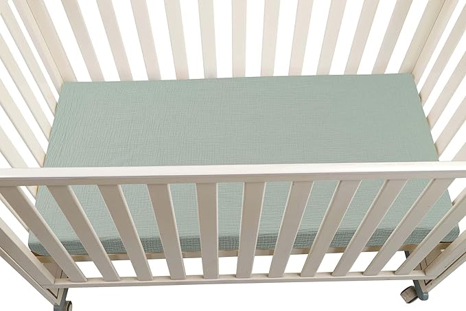 Onacosht Muslin Mini Crib Sheets, 39" x 27" Pack and Play Mattress Sheets Fitted for Pack N Play, Soft Cotton for Boys Girls, 2 Pack, Dinosaur and Light Green