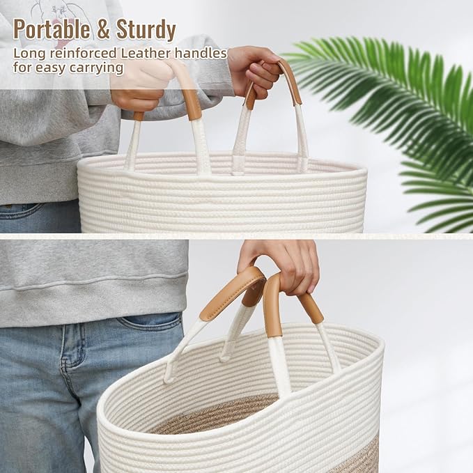 75L Striped Laundry Basket, Brown Laundry Hamper with Leather Handles, Woven Cotton Rope Storage Bin for Blankets, Nursery Hamper for Clothes, Toys In Bathroom, Livingroom, Bedroom