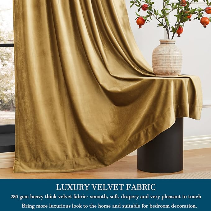 PRIMROSE Golden Velvet Curtains 108 inch Long for Living Room,Set of 2 Panels Blackout Rod Pocket Back Tab Window Treatment Room Darkening Heavy Decorative Curtains Drapes for Bedroom