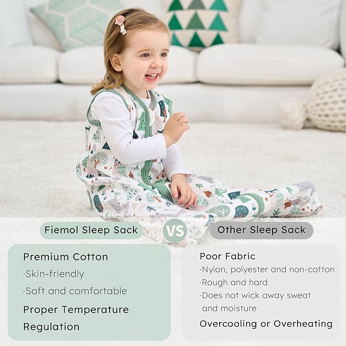 FIEMOL Baby Sleep Sack 0-6 months, 100% Cotton Sleeping Sack for Newborn and Infant, 3 Pack Baby Wearable Blanket for Boy and Girl, 0.5 Tog Lightweight Double Zipper Sleep Bag Green Apricot Bear