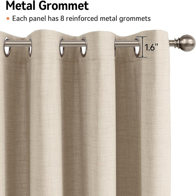 100% Blackout Shield Linen Blackout Curtains for Bedroom, Natural Flax Grommet Curtains for Living Room, Thermal Insulated Room Darkening Drapes for Nursery, Boho Home Decor, 50" W x 63" L, 2 Panels
