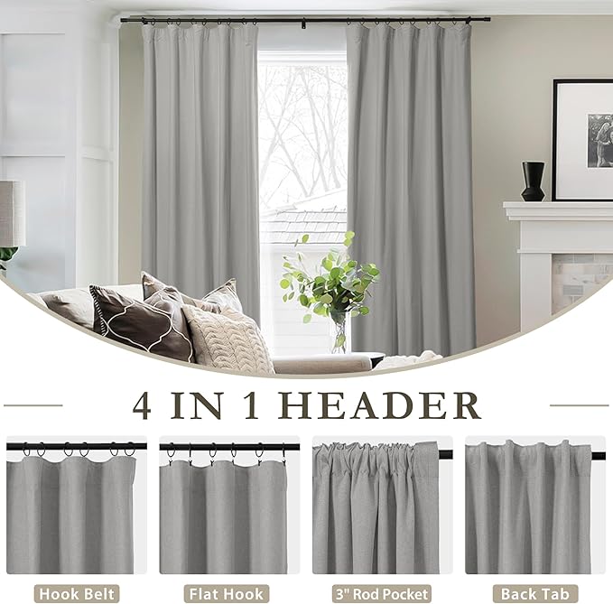 ChadMade Rod Pocket Back Tab Hook Belt Flat Hooks Blackout Curtains 96 Inches Long, Privacy Protection Window Treatments for Living Room Bedroom, Light Grey, 2 Panels, 50 W x 96 L Inch