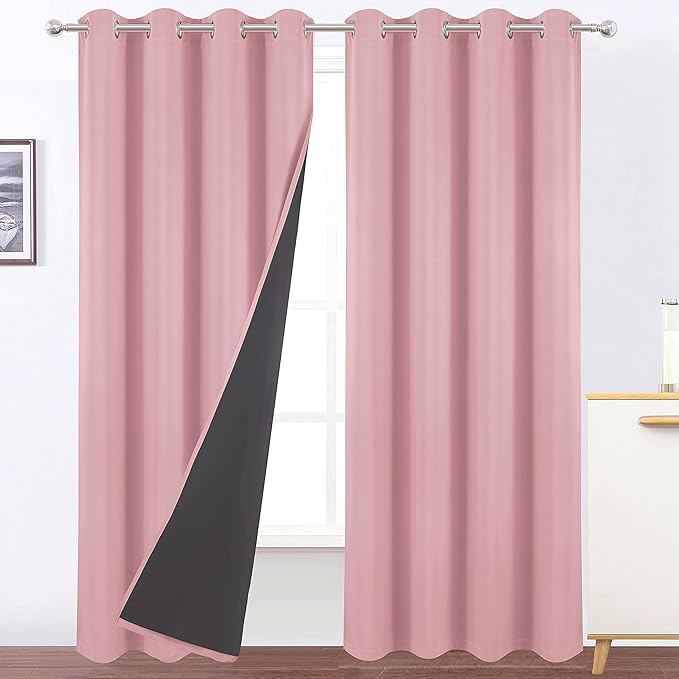 LEMOMO 100% Blackout Curtains 52 x 95 Inch/Pink Curtains 2 Panels with Black Lining Room Darkening Thermal Insulated Bedroom Curtains