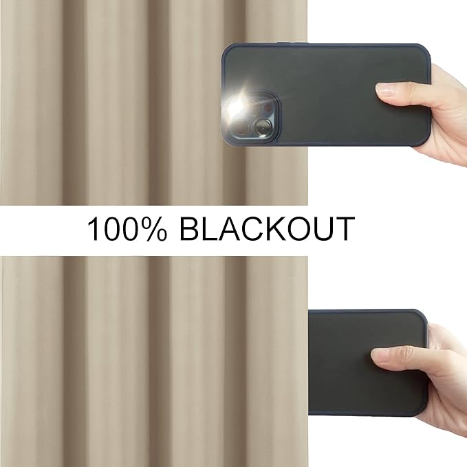LEMOMO 100% Blackout Curtains 52 x 84 Inch/Beige Curtains 2 Panels with Black Lining Room Darkening Thermal Insulated Bedroom Curtains