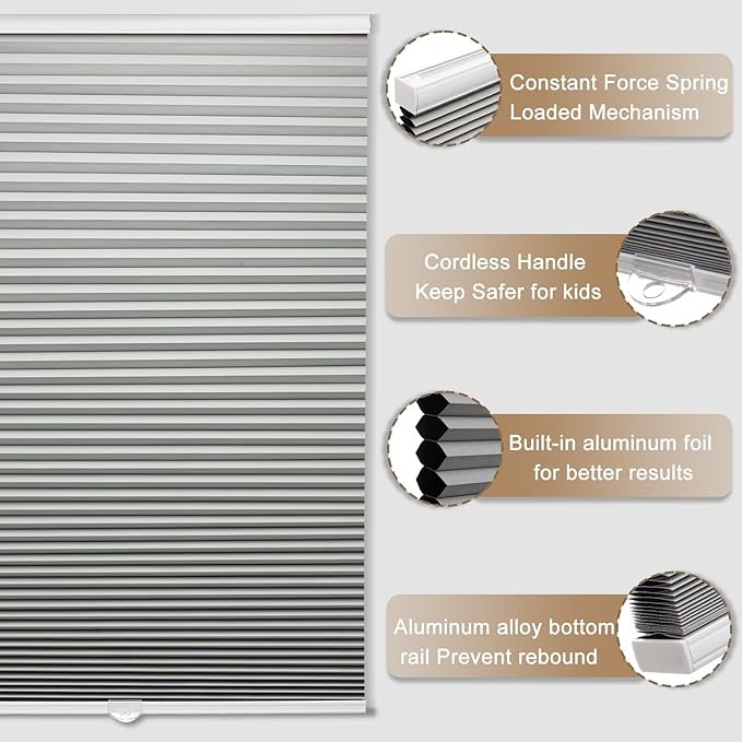 MYshade Cordless Blackout Cellular Shades, 1.5" Honeycomb Window Blinds for Bedroom & Nursery, Thermal Insulated, Noise Reducing, Privacy Shades, Inside or Outside Mount (54" W x 72" H, Grey)