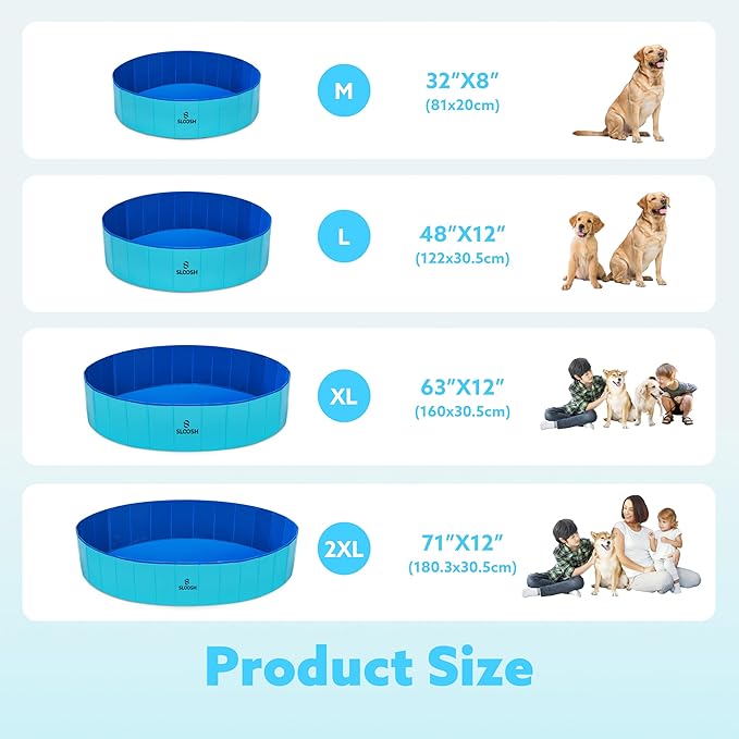 SLOOSH Foldable Dog Kiddie Pool - Portable Hard Plastic Doggie Swimming Pool, Anti-Slip Collapsible Pets Bath Tub Suitable for Kids Toddler Indoor Outdoor Backyard Use (Blue, 71" x 12")