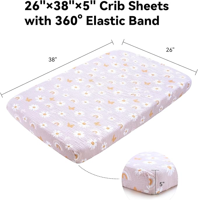 TILLYOU Muslin Mini Crib Sheets 2 Pack, Pack and Play Mattress Sheets Fitted for Pack N Play, 38 x 26 Sheet for Toddler, Pink Butterfly