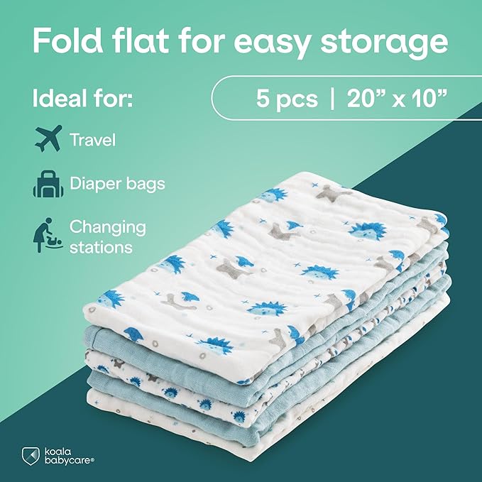 Koala Babycare 5 Pack 20"x10" Muslin Burp Cloths for Baby Boys and Girls - GOTS & Oeko-TEX Cotton Burp Rags for Newborns - Absorbent Neutral Burping Cloths for Feeding - Washable Baby Bibs Essentials