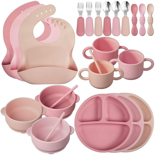 24 Pack Silicone Baby Feeding Set Baby LED Weaning Supplies Includes Suction Divided Plates Soft Bowl Spoons Forks Adjustable Bib Snack Cup and Straws(Dark Pink, Dusty Pink, Peach Color)