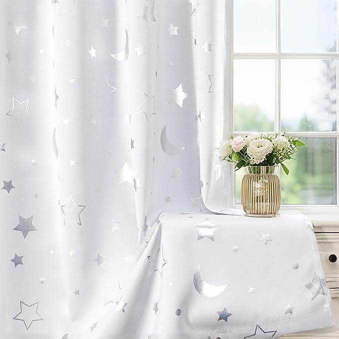 WUBODTI Grey White 100% Blackout Star Curtains for Living Room Kids Room 84 Inches Long 2 Panel Sets, Grommet Cute Space Nusery DrapesThermal Insulated Curtain for Bedroom Baby Room