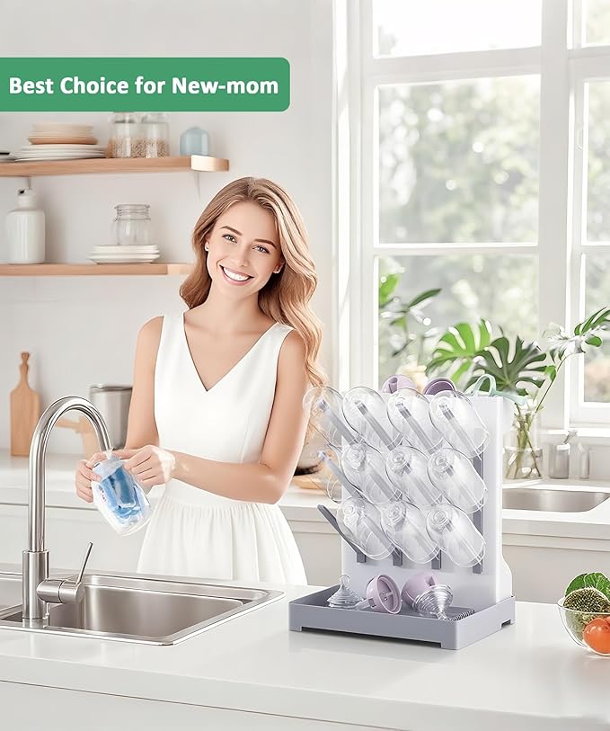 Ariseno Baby Bottle Drying Rack, Vertical Space Saving Countertop Holder - Large Capacity for 12 Bottles, Pump Parts, Pacifiers, Brushes, Sippy Cups - BPA-Free, Baby Accessories Organizer - Blue
