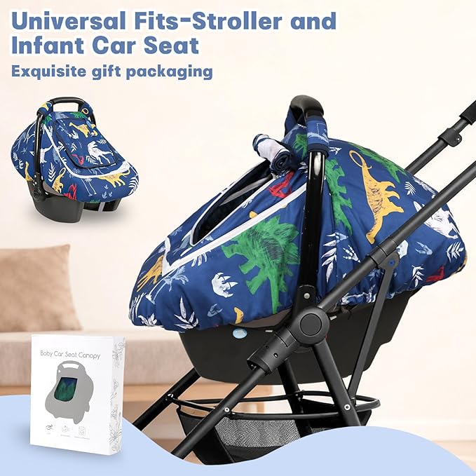 Hooyax Baby Car Seat Cover with Dual Zipper, Extra Large Mesh Window Carseat Canopy, All-Season Weather Protection for Infant Car Seats & Strollers (Dinosaur)