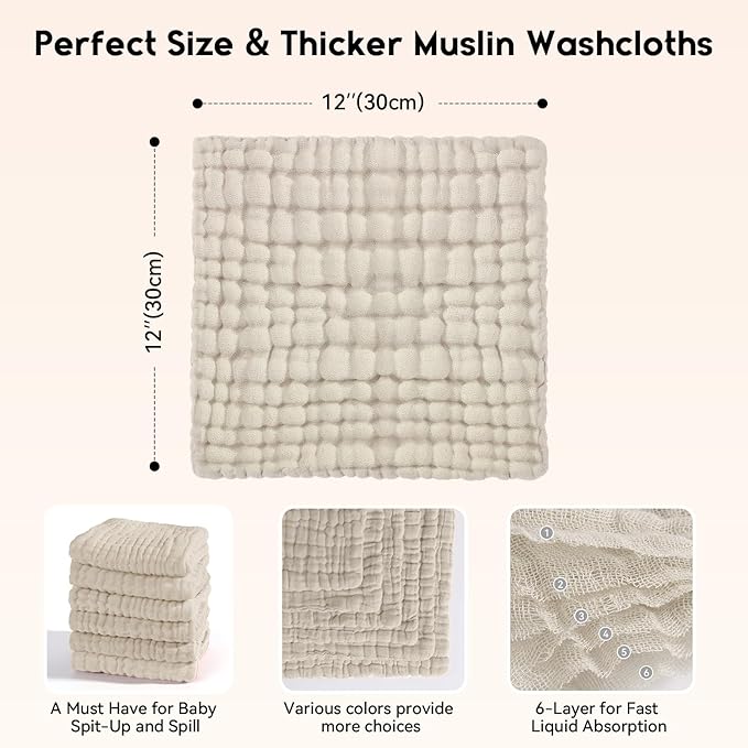 Unnivoll Muslin Baby Washcloths 6 Pack, 100% Cotton Wash Cloths for Babies, Large 12''X12'' Burp Cloths Absorbent and Soft for Newborn Infants Kids Boys Girls - Apricot