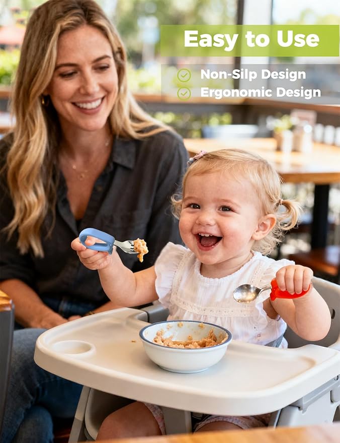 Toddler Utensils, Stainless Steel Baby Forks and Spoons Set with Silicone Handle, Kids Silverware with Portable Storage Case, Baby Feeding Essentials, Dishwasher Safe (Blue+Red)